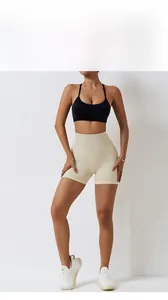 Detail view of high waist seamless yoga shorts and sports bra for fitness