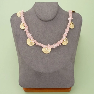 Pink quartz bead necklace with gold fan pendants and sparkling crystal accents
