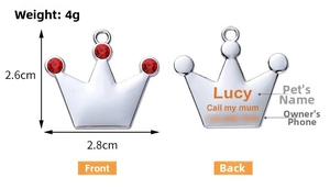 Front and back detail of a small crown pet tag with red rhinestones and custom engraving