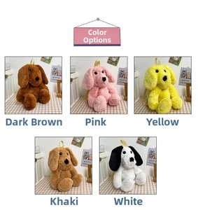 Collection of five colorful plush dog backpacks in brown pink yellow and khaki colors