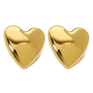 Detailed view of polished 18K gold heart earrings with mirrored reflective finish