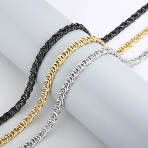 Men's woven titanium steel chain necklaces in black, gold, and silver finishes