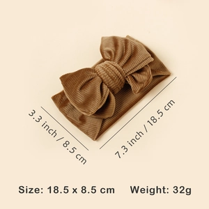 Brown corduroy baby headband with size dimensions and weight detail specifications