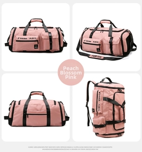 Macro details of peach pink travel bag showing waterproof fabric and FIRM ABS logo