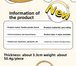 Detailed spec sheet showing PVC panda keychain dimensions, weight, and material info
