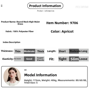 Size chart and fabric details for the apricot sleeveless high waist slim fit dress