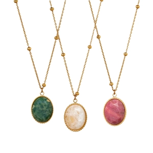 Chic 14K gold plated stainless steel necklaces with faceted green beige and pink stones
