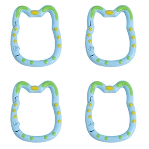Close-up of four light blue cat-shaped plastic hooks with lime green accents on white base
