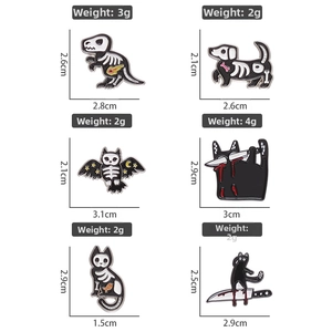 Detailed size and weight specs for Halloween black cat and skeleton enamel pins