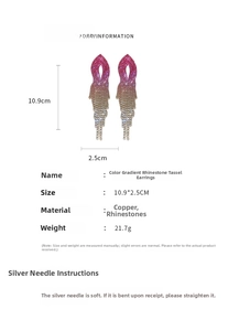 Detail view of colorful gradient rhinestone tassel earrings showing 10.9cm length and silver pin
