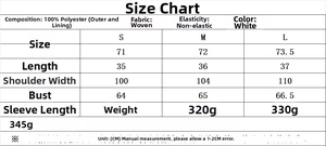 Detailed size chart for polyester jacket with length, chest, and shoulder measurements