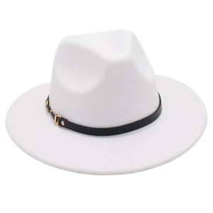 Close-up of white wool fedora with a black leather band and golden metal buckle detail