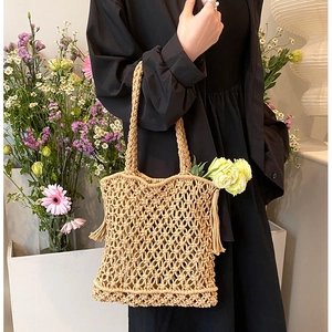 Handmade Macrame Woven Shoulder Bag Hollow Out Cotton Rope Tassel Tote For Women Beach Holiday Forest Style