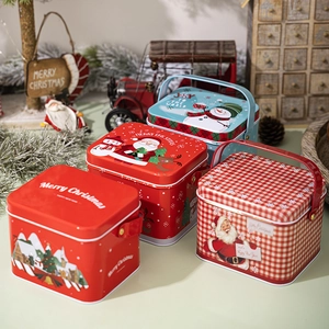 Christmas tinplate gift box with handle featuring festive patterns and holiday ornaments