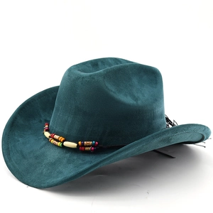 Dark green faux suede western cowboy hat with colorful beaded band and rolled brim