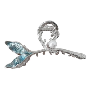 Silver fishtail hair claw clip with blue accent and white pearl on white background