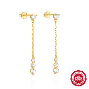 Elegant gold S925 sterling silver long tassel earrings with sparkling heart moon zircons