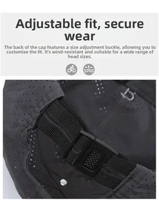 Detail of adjustable plastic buckle and elastic strap on black mesh quick-dry cap