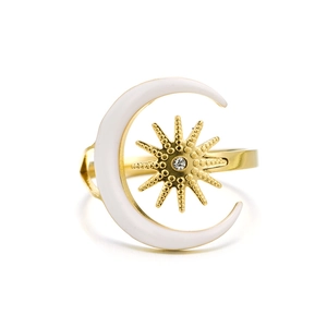 Vintage stainless steel ring with white enamel moon and zircon star in gold finish