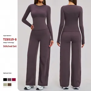 Women Long Sleeve Top And Wide Leg Pants Yoga Sports Brushed Nylon Spandex High Waist Elastic Workout Suit