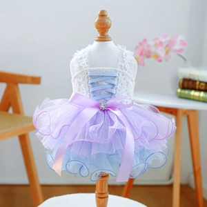 Dreamy pastel lace pet dress for small dogs featuring corset ribbons and a purple bow