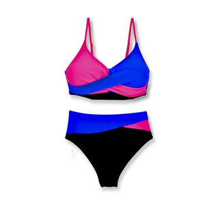 Pink and blue color block two-piece bikini swimsuit with high waist geometric design