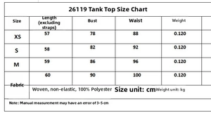 Size guide table for women satin lace camisole showing XS to L dimensions and fabric specs