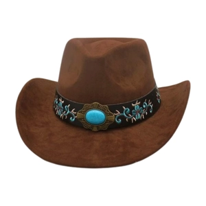Detail of dark brown western cowboy hat with floral embroidery and turquoise centerpiece