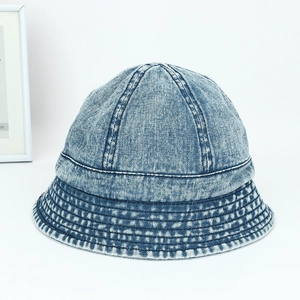 Vintage washed blue denim bucket hat for women with retro stitched brim and sun protection