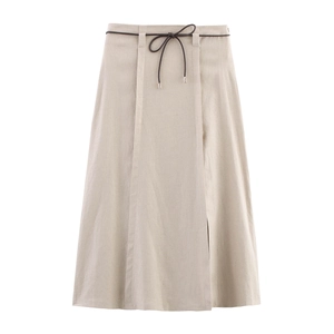 Gonna Midi Casual Da Donna Tinta Unita Linea A Trama Effetto Lino Con Cintura Sottile Decorativa Vita Alta Elegante