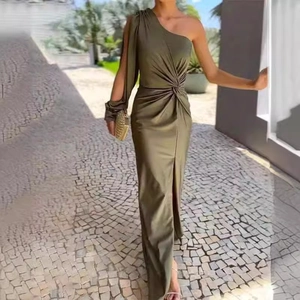 Elegant olive green one-shoulder satin maxi dress with waist knot and high slit detail