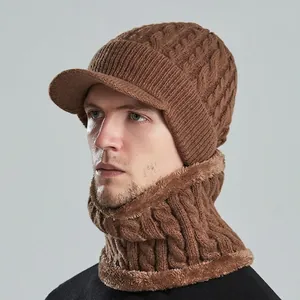 Ensemble bonnet à visière et écharpe d'hiver pour homme avec doublure polaire en marron café