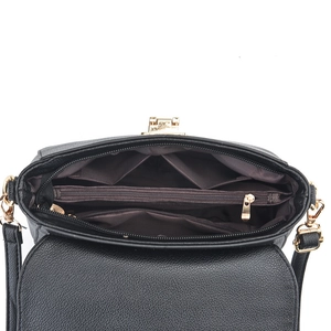 Black leather crossbody bag with multiple interior compartments and gold metal hardware