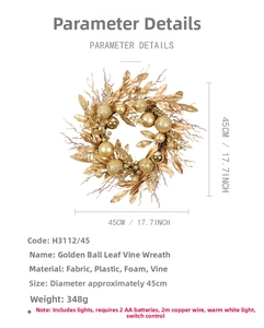 Detail view of 45cm gold Christmas wreath with warm lights and size annotations