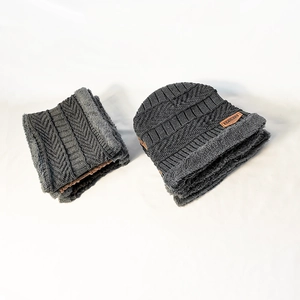 Winter unisex thick knitted beanie and infinity scarf set with fleece lining in dark grey