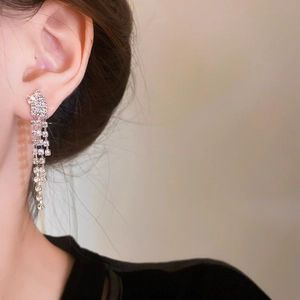 Sparkling silver rhinestone tassel earrings featuring a long hollowed fringe design