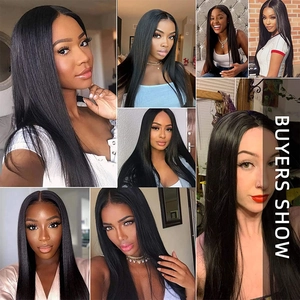 Customer showcase featuring long straight black lace wigs in various lengths from 18 to 30 inches