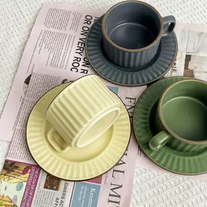 Nordic matte ceramic coffee cup and saucer set with vintage ribbed texture in three colors