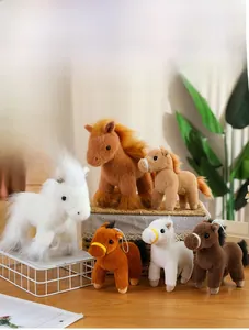 Detailed view of plush pony toy collection in various sizes and natural brown colors