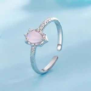 S925 sterling silver adjustable ring with pear-cut pink aurora opal and hammered texture