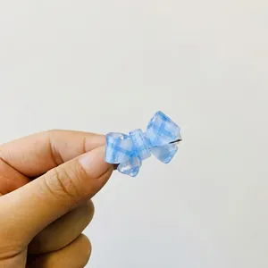 Mini blue checkered bow hair clip with cute dopamine style resin and metal duckbill clip