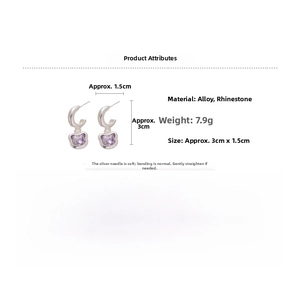 Detailed specs of silver cat-shaped hoop earrings with purple rhinestones and sizing