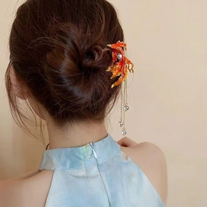 Alloy Enamel Koi Fish Hair Fork With Long Tassel Faux Artificial Pearl Chinese Style Hanfu Hair Jewelry For Women Retro Hair Stick