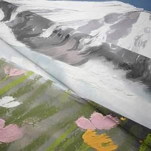 Detail of soft fleece tapestry showing high-definition snow mountain and floral prints