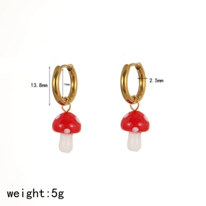 Detail view of mushroom charm hoop earrings with precise measurements and 5g weight data