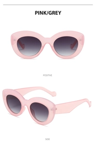Pink chunky frame sunglasses with grey gradient lenses in front and side views