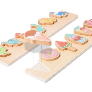 Educational wooden chunky puzzle boards featuring colorful dinosaur and dessert themes
