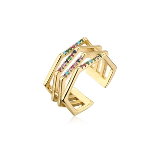 Macro shot of 18K gold plated multi-layer geometric ring with colorful zircon stones