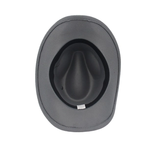 Top view of grey felt cowboy hat interior showing black sweatband and size label