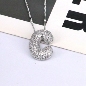 Silver letter C pendant necklace with cubic zirconia paving on delicate chain